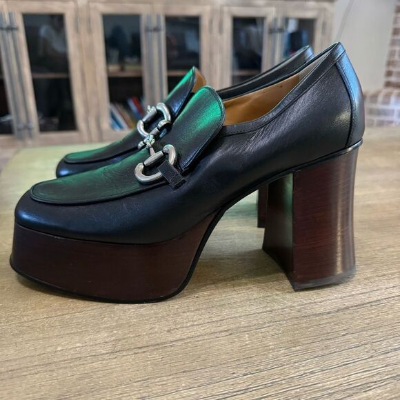 Gucci Women’s Horsebit Platform Loafer Size 39 Black Leather Block Heel - Picture 1 of 16